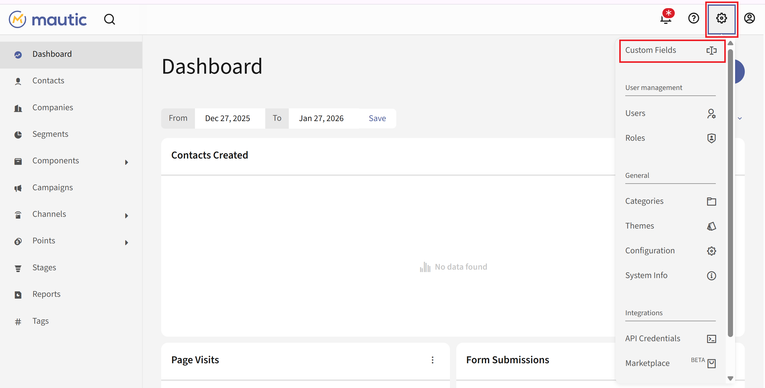 Highlight of Custom Fields option in the settings