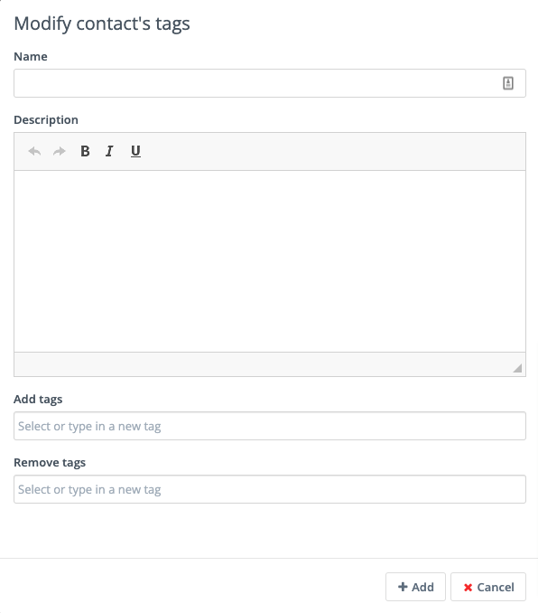 Screenshot showing the modify Contact's Tags Form action.