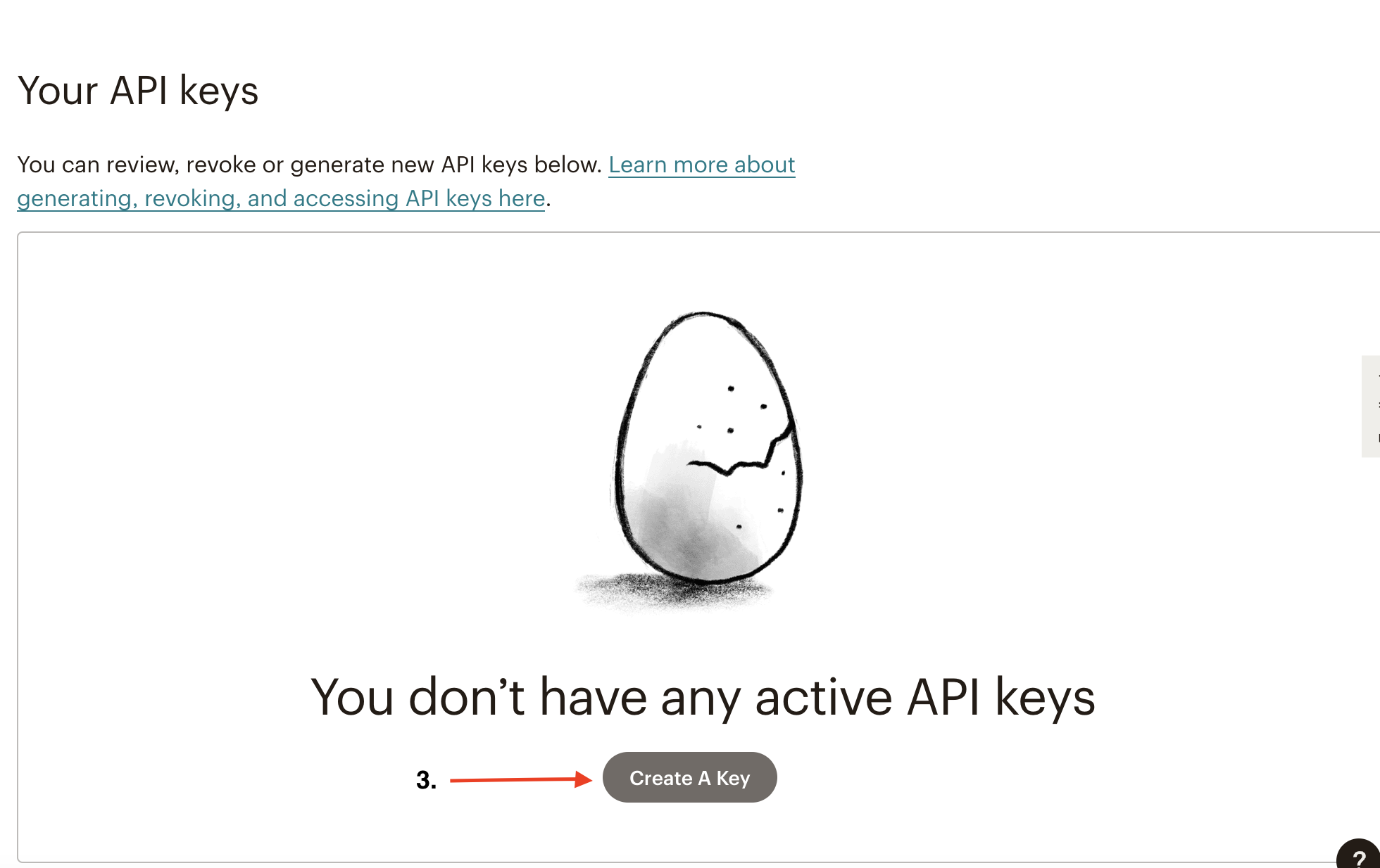 Screenshot of MailChimp dashboard with an arrow pointing at the Create API Key button