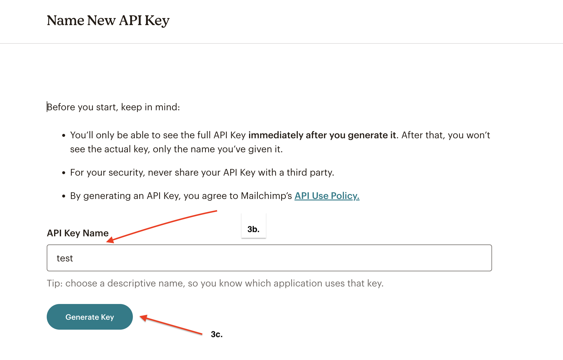 Screenshot of the Name New API Key section with arrows pointing at the test and Generate Key button