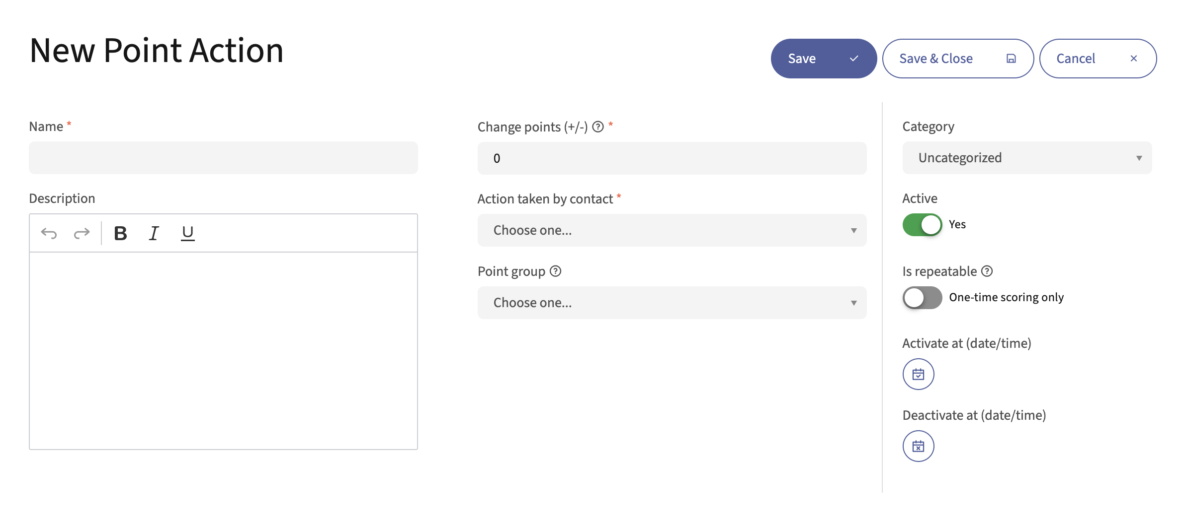 Screenshot of Points action