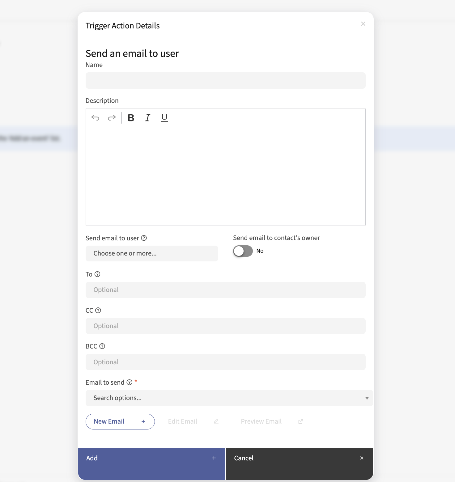 Screenshot of Send an Email to User Email trigger