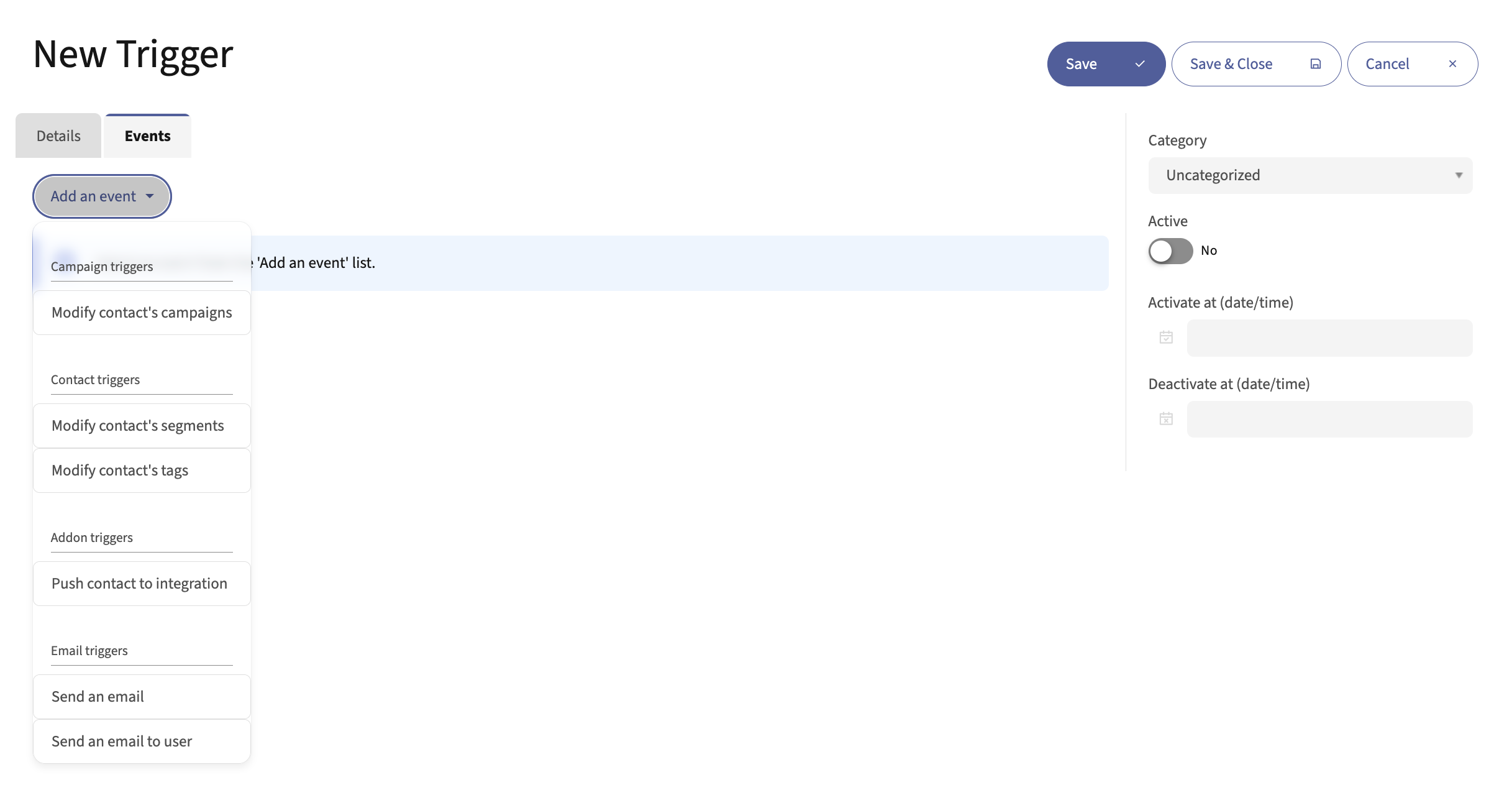 Screenshot of Points trigger events
